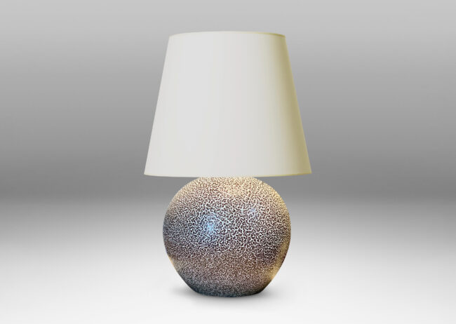 Gallery BAC tapered globe base in stoneware with crispé white resist glazing over brown matte