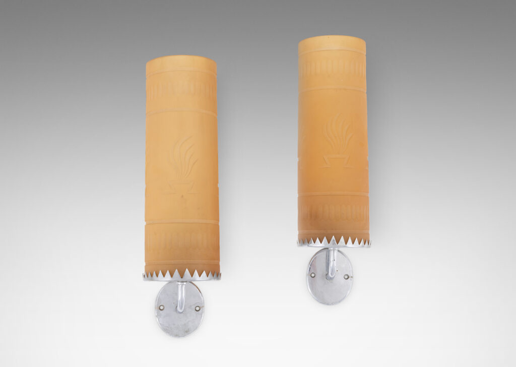 Gallery BAC pricot glass three-quarter-cylinder diffusers, with carved fluting and flame motifs