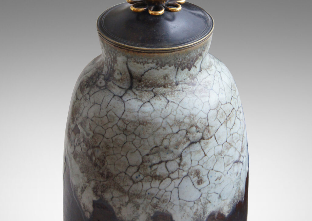 Gallery BAC deep brown with eggshell finish with an overflowing thick ice blue craquelure glaze, fitted with a bronze lid capped