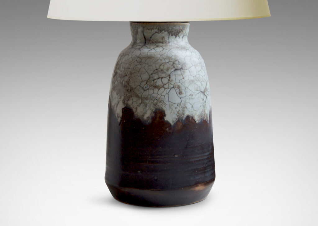 Gallery BAC deep brown with eggshell finish with an overflowing thick ice blue craquelure glaze, fitted with a bronze lid capped