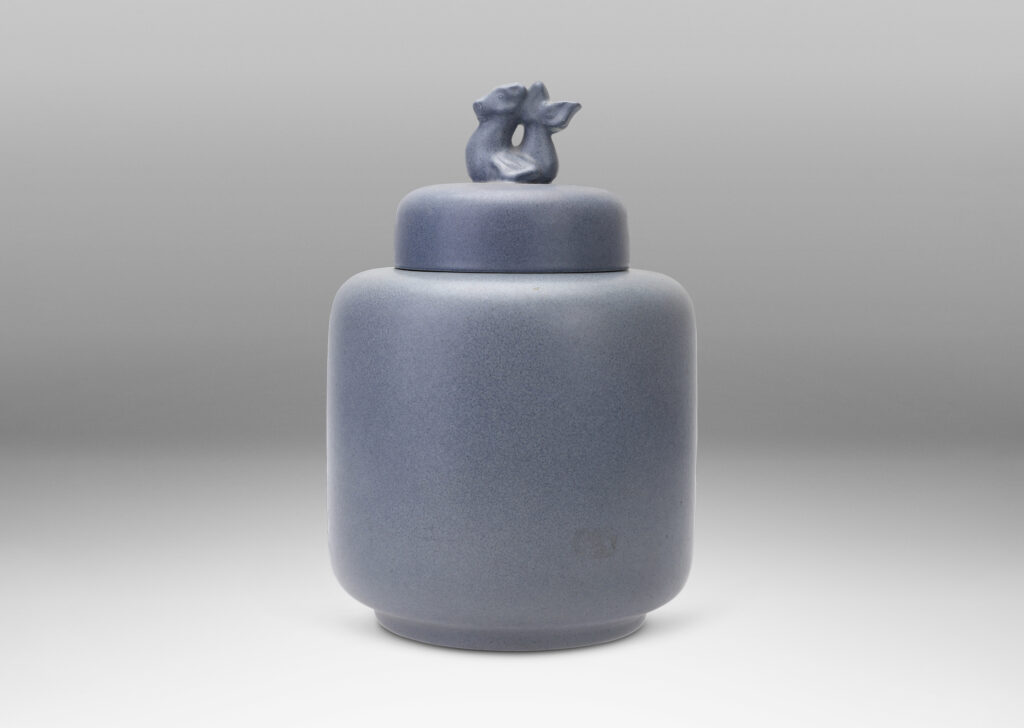 Gallery BAC ylindrical form with rounded edges and lid with whimsical finial in the form of a seahorse