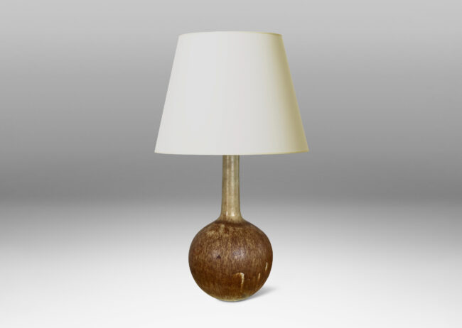 Gallery BAC globe form with tall attenuated neck in stoneware glazed in a pale golden tone