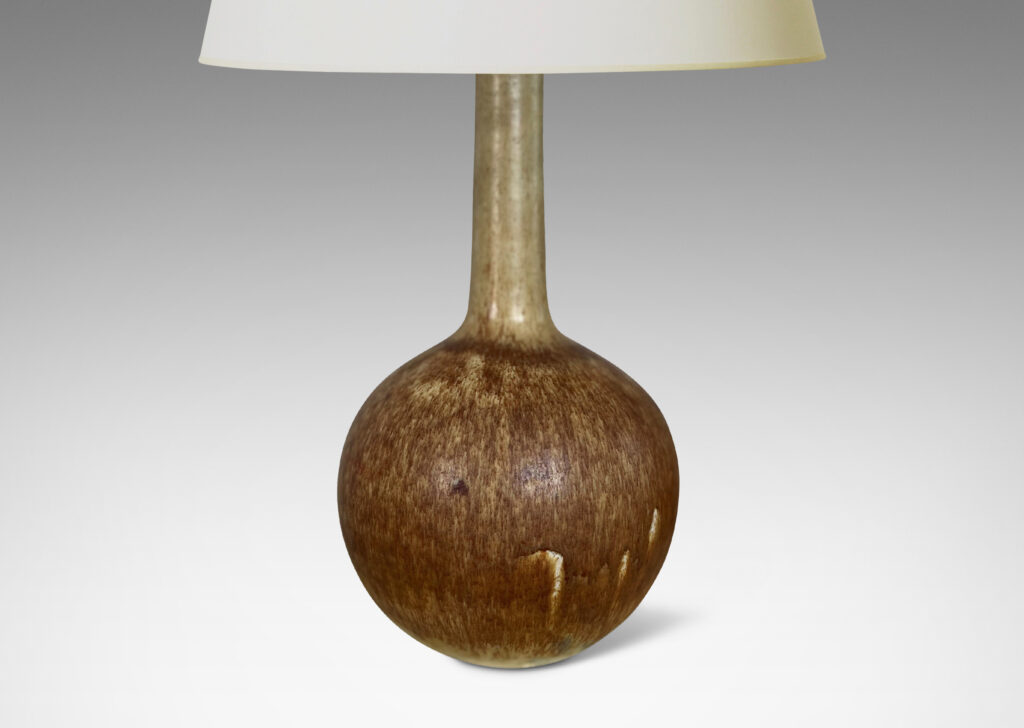 Gallery BAC globe form with tall attenuated neck in stoneware glazed in a pale golden tone