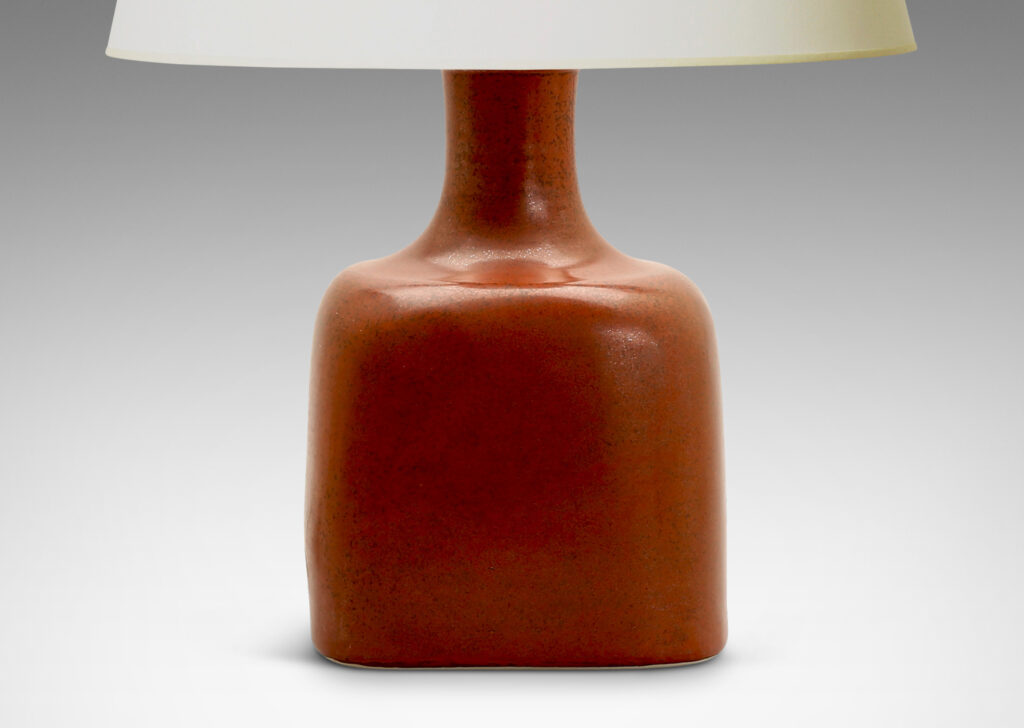 Gallery BAC square bottle form in hand-thrown stoneware glazed in an eggshell vermillion