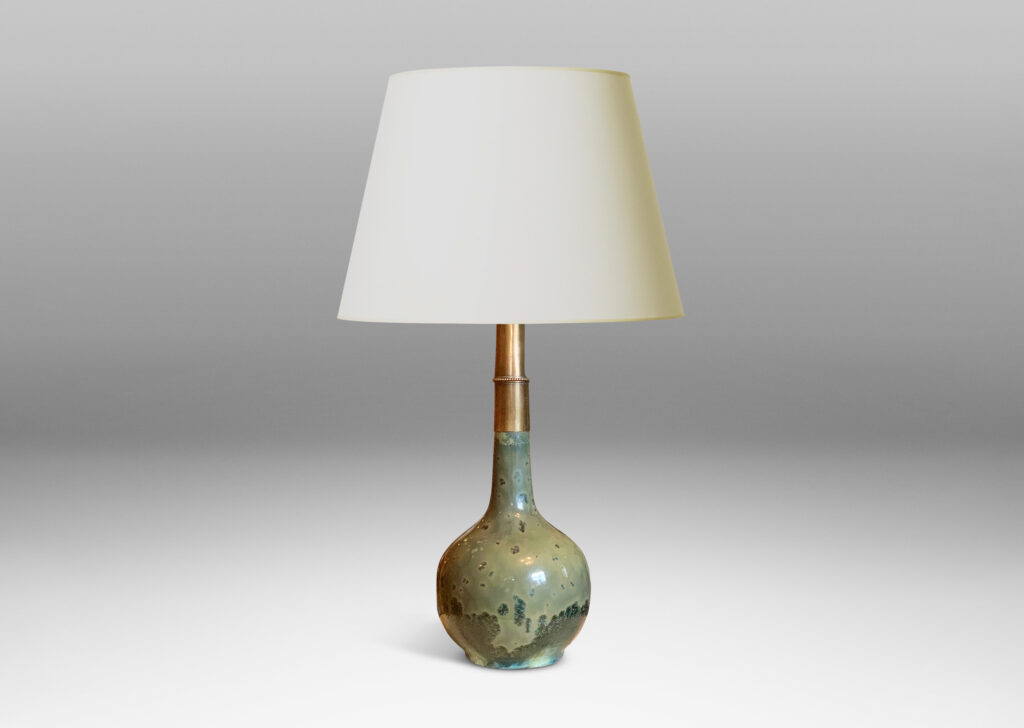 Gallery BAC swelling form with long slender neck in stoneware with crystalline green-gray and blue-green glaze