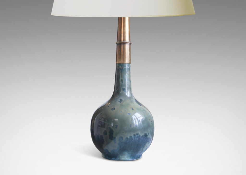 Gallery BAC swelling form with long slender neck in stoneware with crystalline green-gray and blue-green glaze