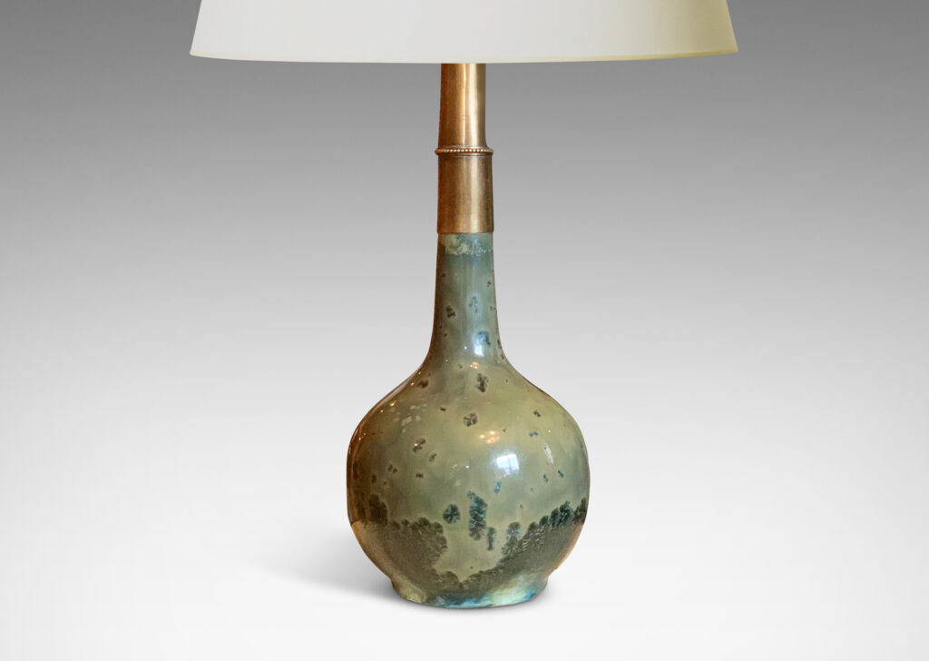 Gallery BAC swelling form with long slender neck in stoneware with crystalline green-gray and blue-green glaze