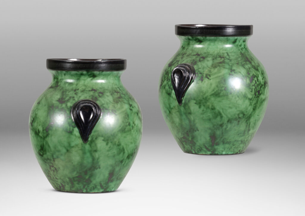 Gallery BAC tapered form in a brushed green emulating malachite or marble, with black accents; earthenware