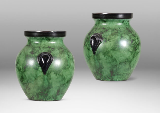 Gallery BAC tapered form in a brushed green emulating malachite or marble, with black accents; earthenware