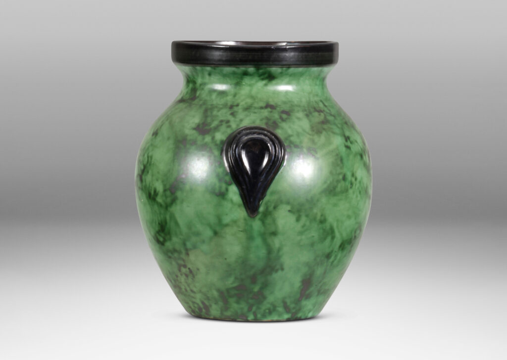 Gallery BAC tapered form in a brushed green emulating malachite or marble, with black accents; earthenware