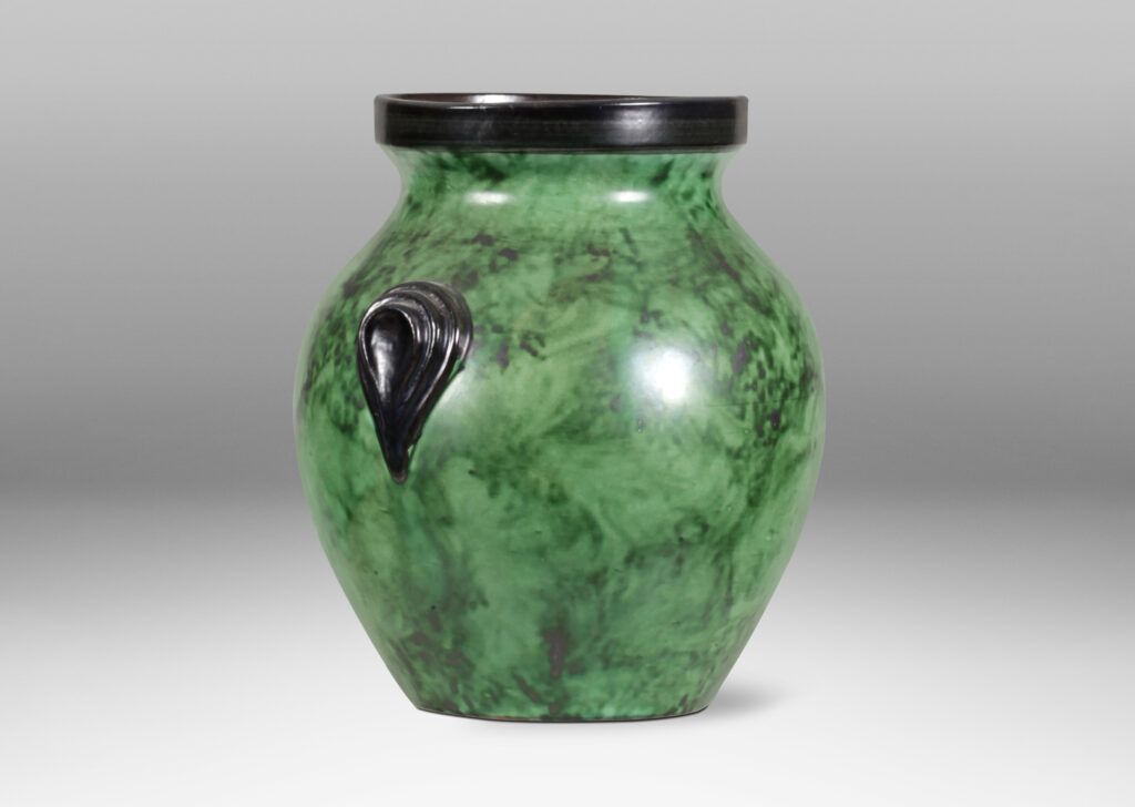 Gallery BAC tapered form in a brushed green emulating malachite or marble, with black accents; earthenware