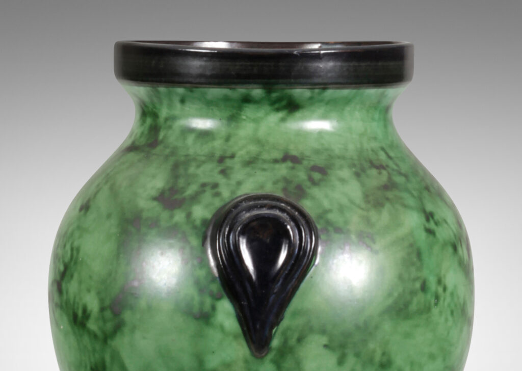 Gallery BAC tapered form in a brushed green emulating malachite or marble, with black accents; earthenware