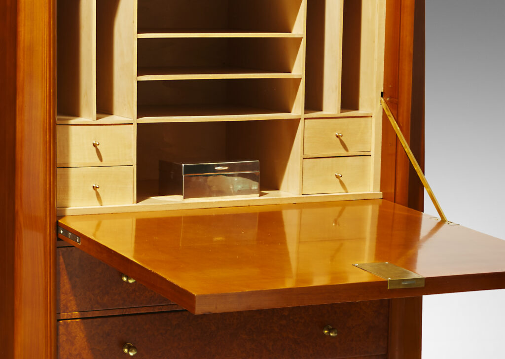 Gallery BAC secretaire with door opening down to form a writing surface and to reveal stationery storage, and three drawers below