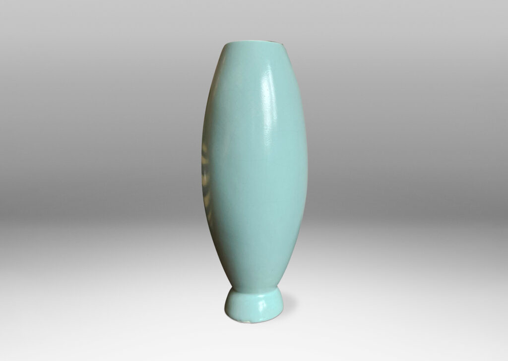 Gallery BAC parabolic cone form on a demi-spherical base crafted in ceramic with an eggshell finish baby blue glaze