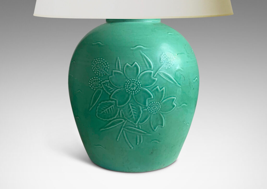 Gallery BAC tapering form with floral reliefs, in stoneware with a celadon/seafoam green glaze