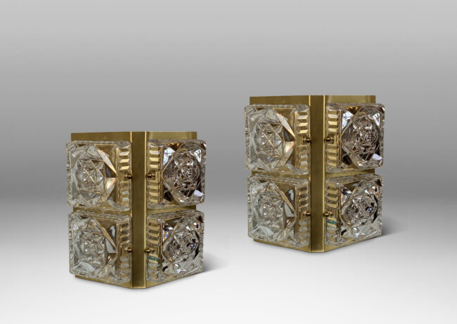 Gallery BAC angled brass frames inset with four sand-blasted crystal diffusers with an abstracted rosette motif in relief