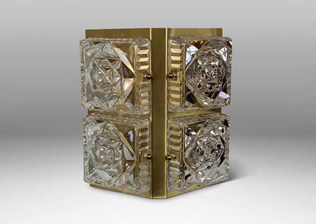 Gallery BAC angled brass frames inset with four sand-blasted crystal diffusers with an abstracted rosette motif in relief