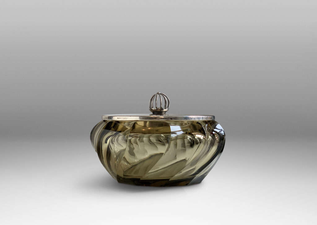 Gallery BAC lidded candy dish in topaz-tinted cut crystal with silvered lid with open wire spherical finial