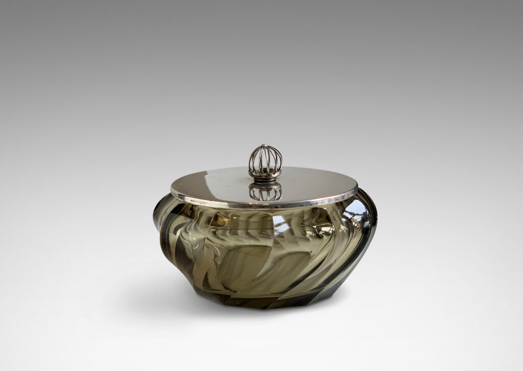 Gallery BAC lidded candy dish in topaz-tinted cut crystal with silvered lid with open wire spherical finial