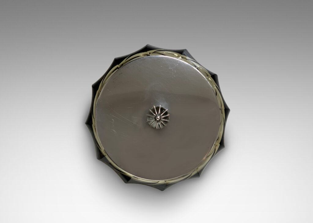 Gallery BAC lidded candy dish in topaz-tinted cut crystal with silvered lid with open wire spherical finial