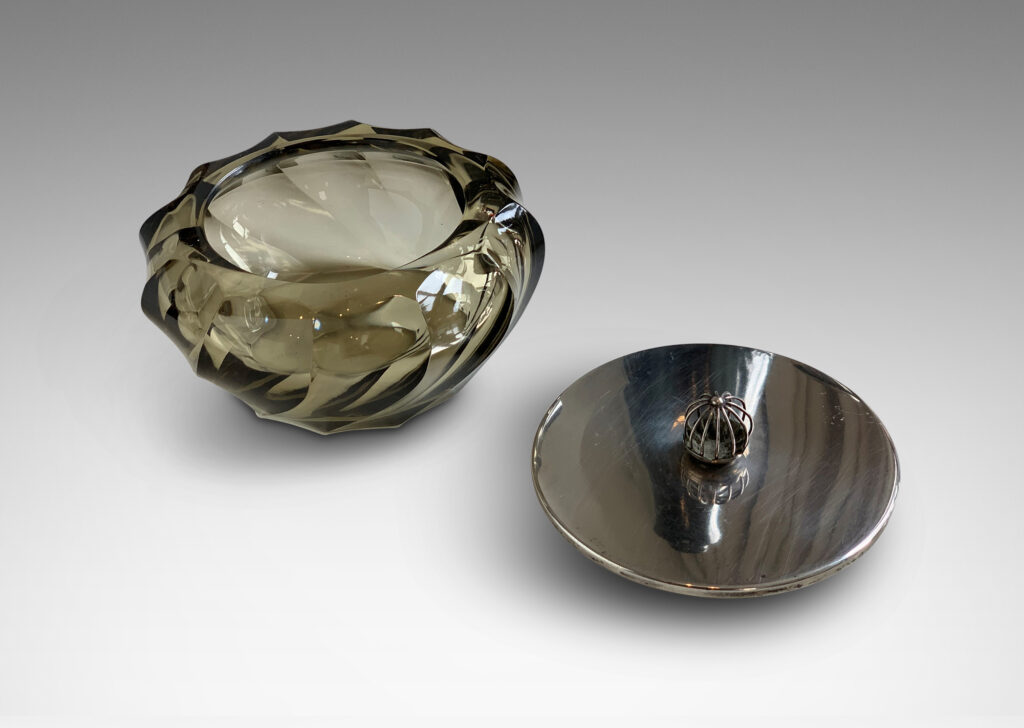 Gallery BAC lidded candy dish in topaz-tinted cut crystal with silvered lid with open wire spherical finial