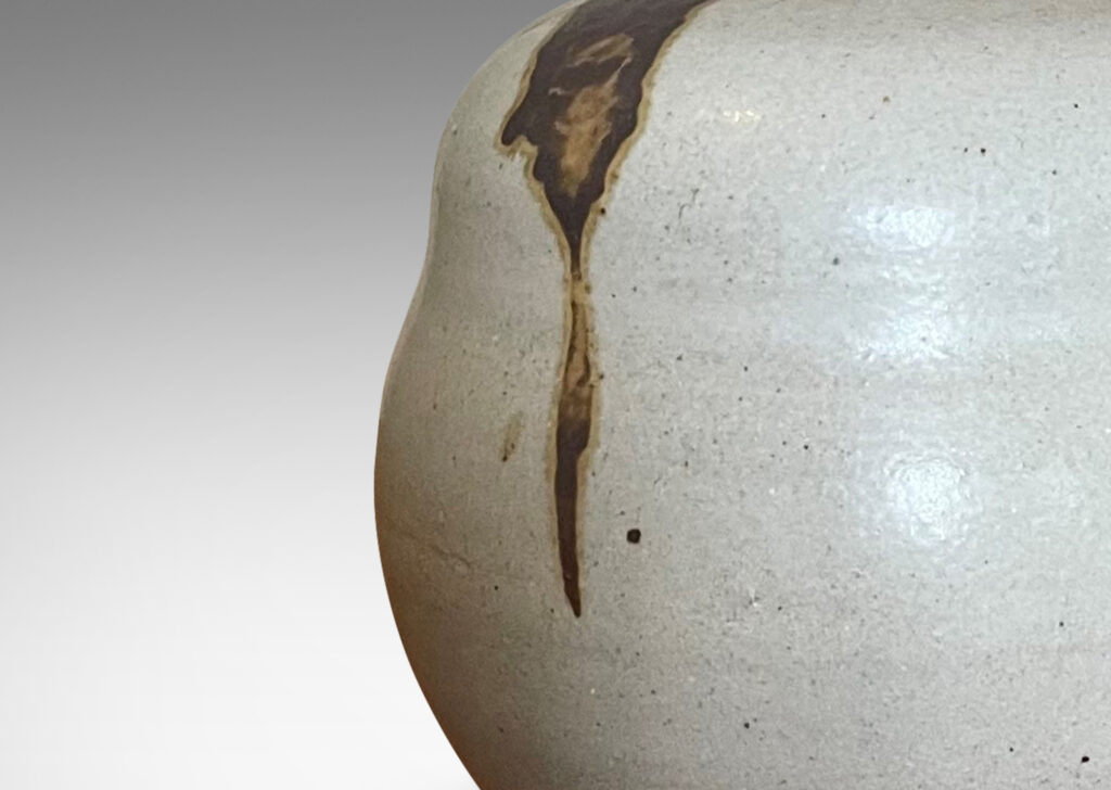 Gallery BAC double gourd form in pale gray with brown and purple accents; glazed stoneware