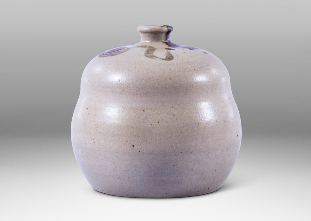 Gallery BAC double gourd form in pale gray with brown and purple accents; glazed stoneware