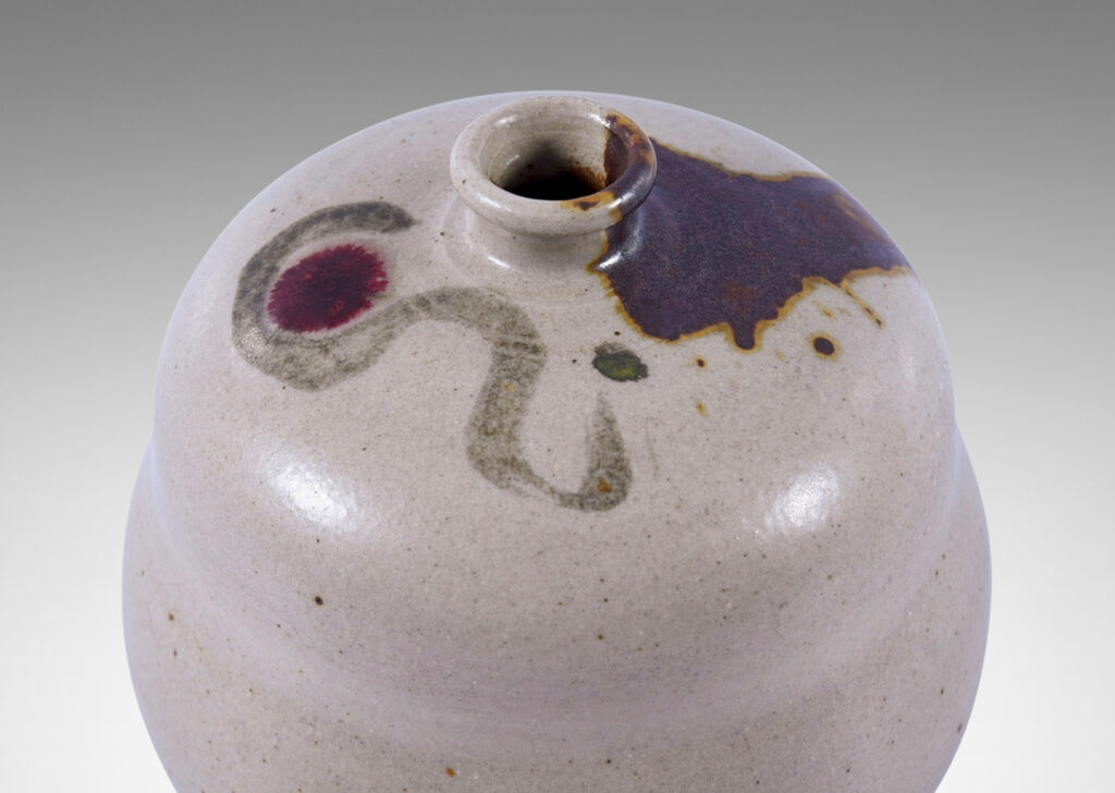 Gallery BAC double gourd form in pale gray with brown and purple accents; glazed stoneware