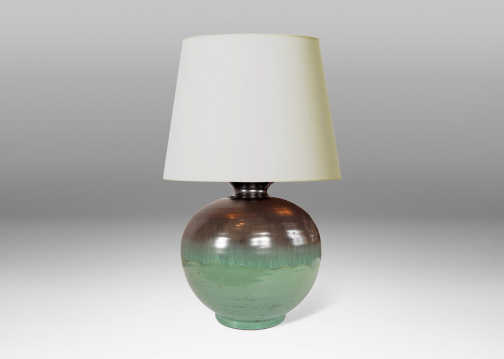 Gallery BAC globe form in blue-green and dark gray luster glazes