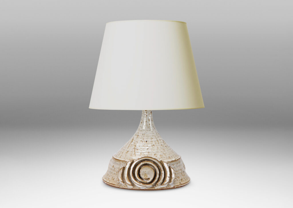 Gallery BAC conical form with applied spiraling motif; hand-turned earthenware with a flowing white glaze