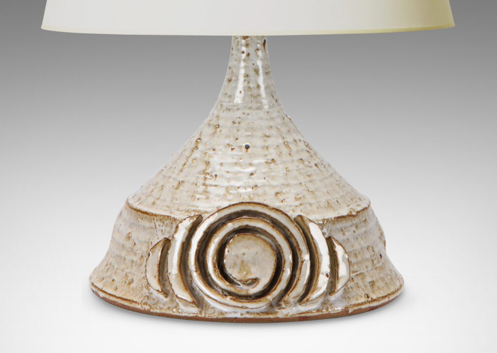 Gallery BAC conical form with applied spiraling motif; hand-turned earthenware with a flowing white glaze