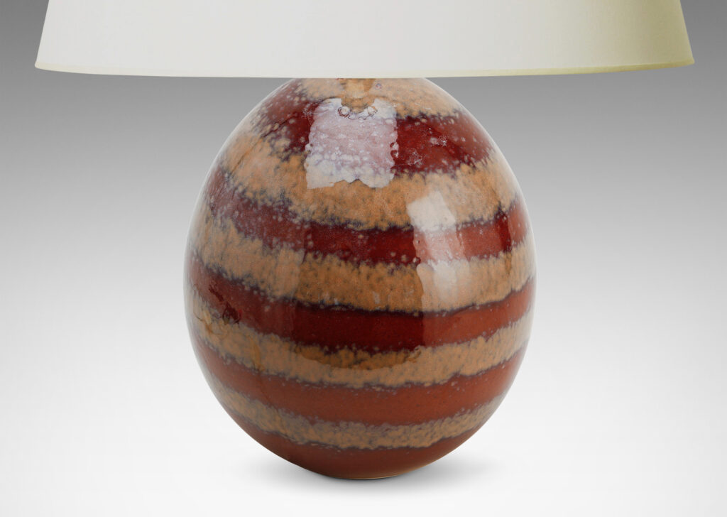 Gallery BAC ovoid form glazed in atmospheric taupe and burnt sienna stripes