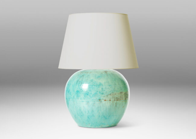 Gallery BAC wide globe form with bands of relief ridges and a flowing pale turquoise