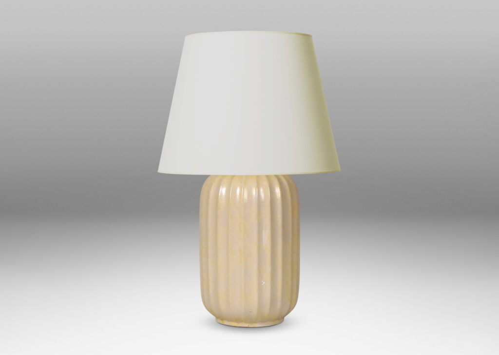 Gallery BAC ovoid form with vertical fluting in a sponged butter yellow-ivory glaze