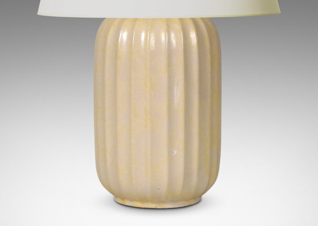 Gallery BAC ovoid form with vertical fluting in a sponged butter yellow-ivory glaze