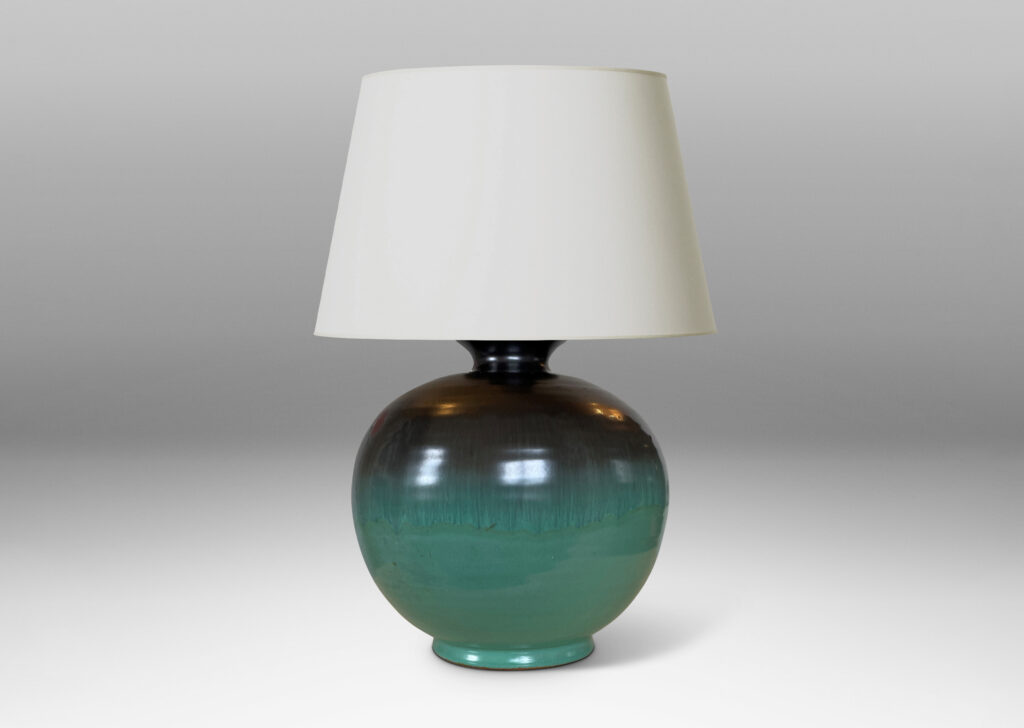 Gallery BAC globe form in blue-green and dark gray luster glazes