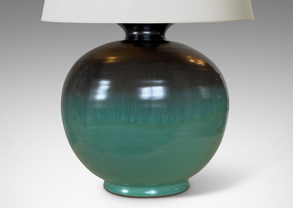 Gallery BAC globe form in blue-green and dark gray luster glazes