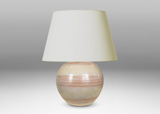 Gallery BAC plump globe form with ridged banding glazed in pale gray-tan with hints of terra cotta