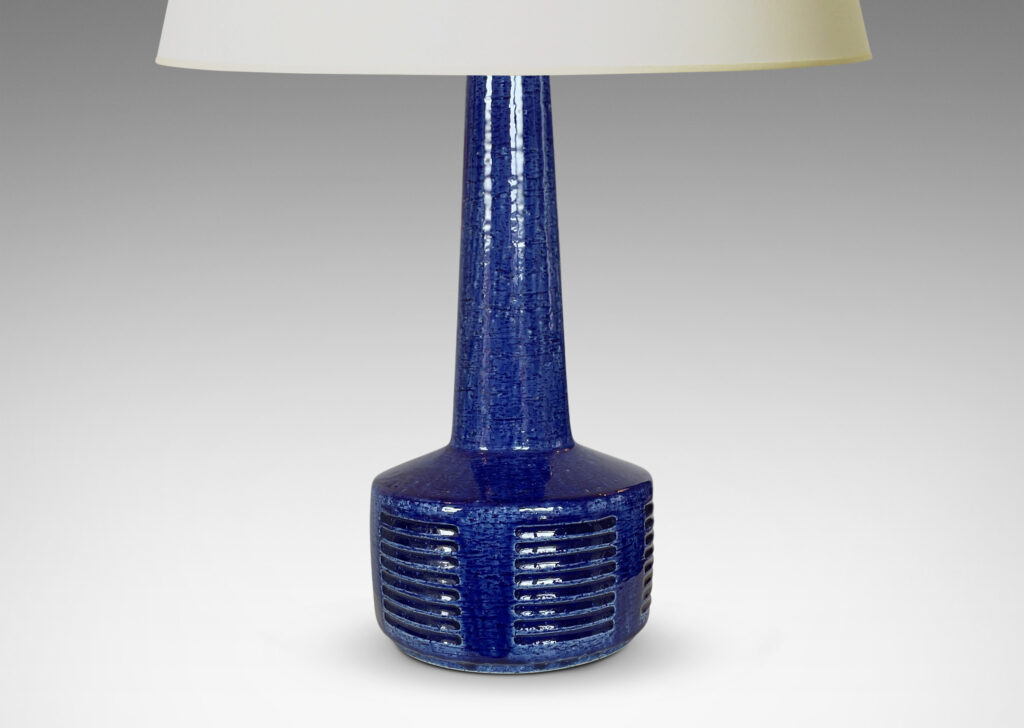 Gallery BAC drum for base with tall neck and carved hash mark design in a saturated cobalt blue