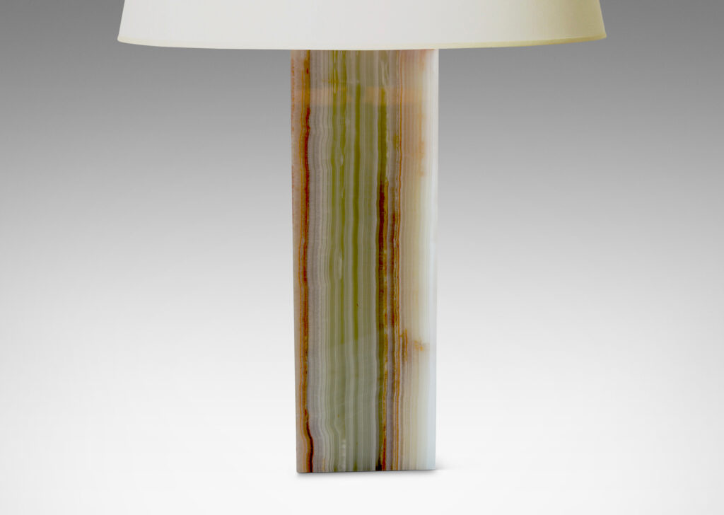 Gallery BAC square pillar bases in striated white, green and rose/rust-toned onyx