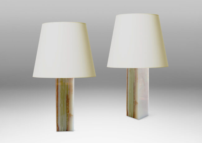 Gallery BAC square pillar bases in striated white, green and rose/rust-toned onyx