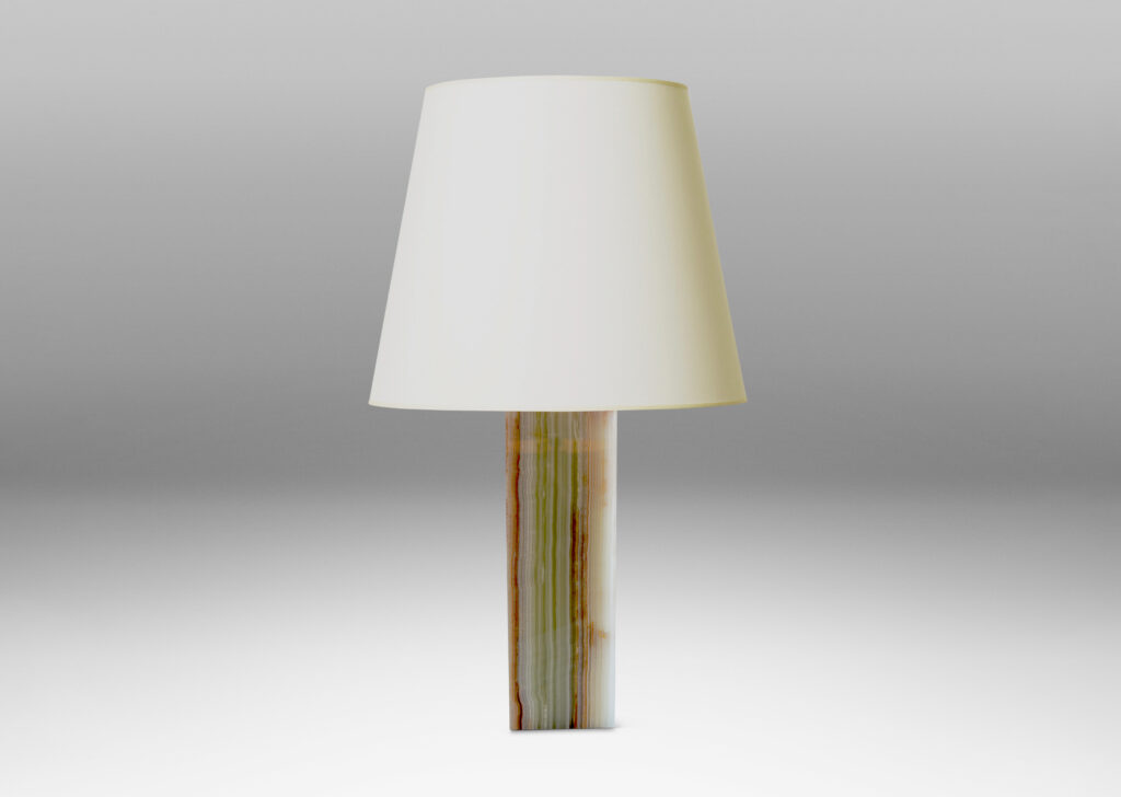 Gallery BAC square pillar bases in striated white, green and rose/rust-toned onyx