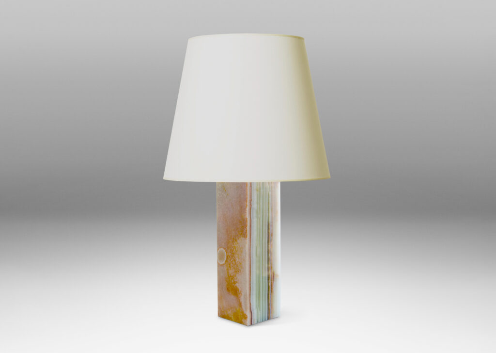 Gallery BAC square pillar bases in striated white, green and rose/rust-toned onyx