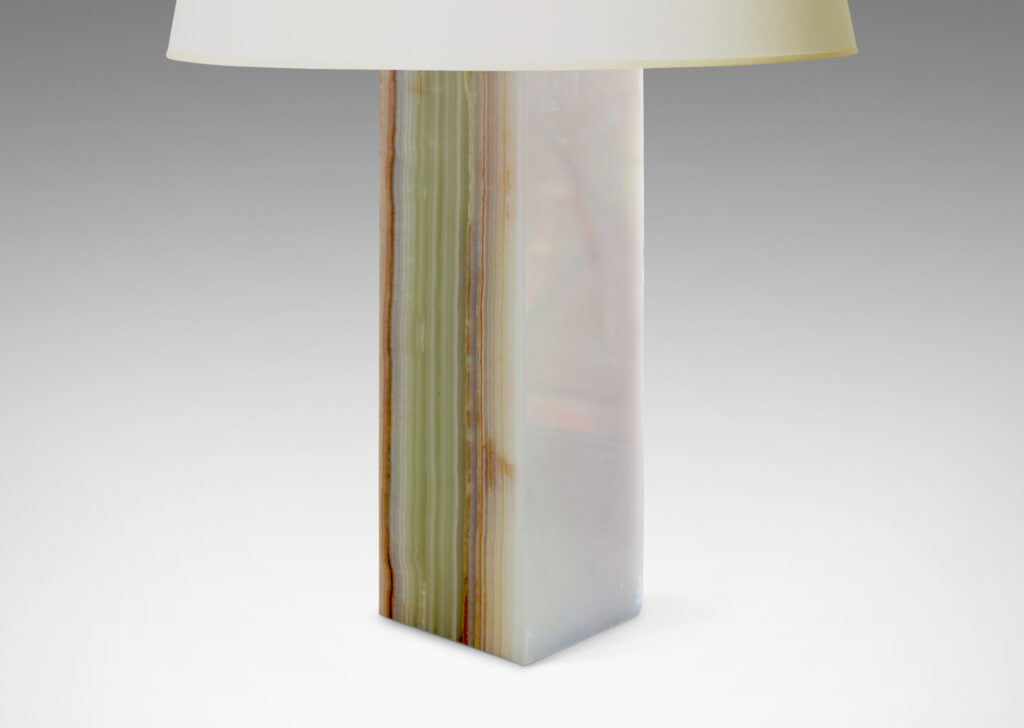 Gallery BAC square pillar bases in striated white, green and rose/rust-toned onyx