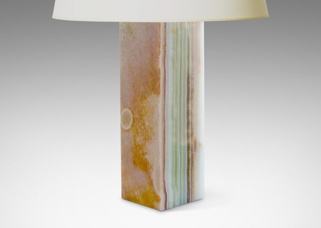 Gallery BAC square pillar bases in striated white, green and rose/rust-toned onyx