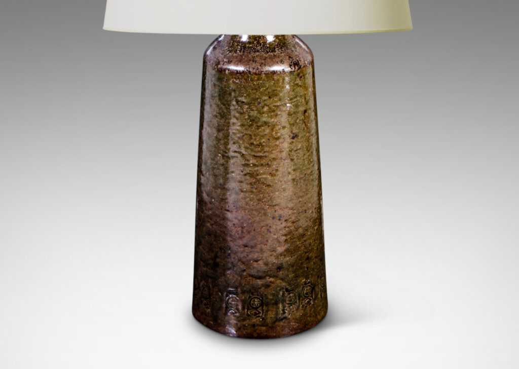 Gsllery BAC tall angled cylindrical pedestal with recessed neck and abstract motifs impressed at foot