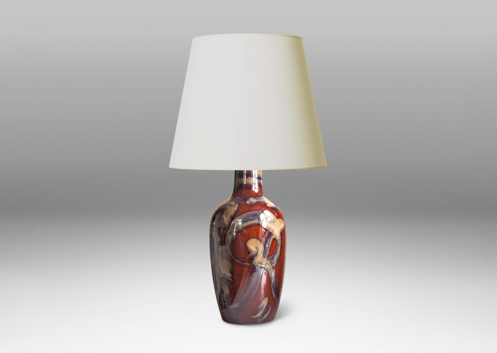 Gallery BAC vase form in a rich burnt sienna with scrolling pattern in pale taupe luster glaze