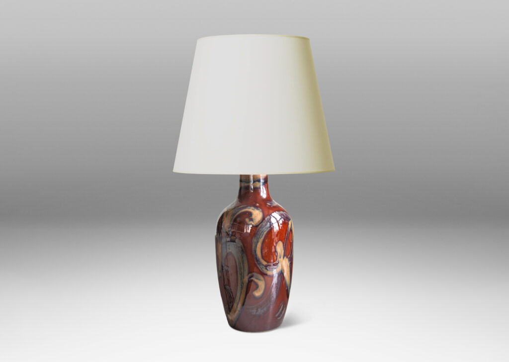 Gallery BAC vase form in a rich burnt sienna with scrolling pattern in pale taupe luster glaze