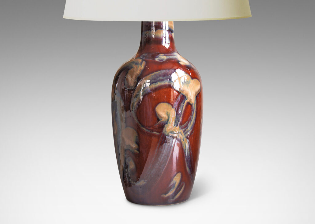 Gallery BAC vase form in a rich burnt sienna with scrolling pattern in pale taupe luster glaze