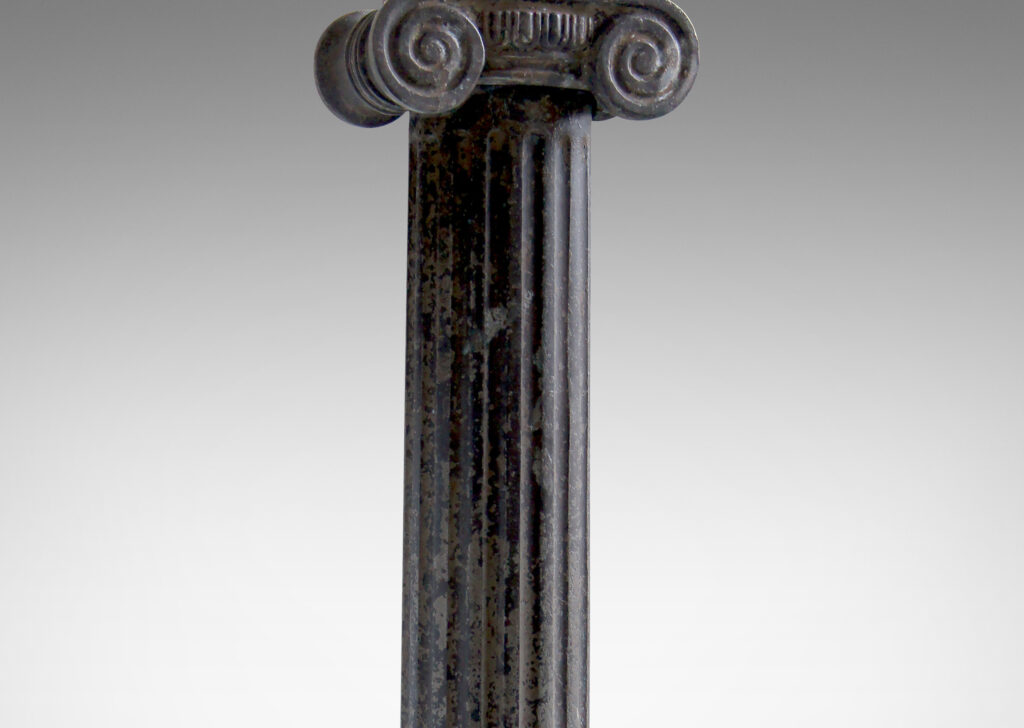 Gallery BAC all fluted Ionic column on a square plinth base edged in mitered molding, skillfully cast in iron with a mottled gray weathered finish